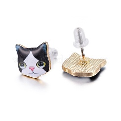 14KGP本金メッキ合金子猫スタッドピアス  エナメルと環境に優しいステンレス鋼ピン付き  印刷  猫の模様  ホワイト  10~10.5x10.5~11mm  ピン：0.7mm&nbsp;EJEW-G148-01G-03