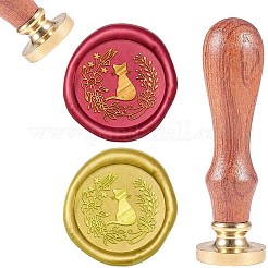DIYスクラップブック  真鍮ワックスシーリングスタンプ  天然木のハンドル付き  花模様の猫  25mm&nbsp;AJEW-CP0002-89B