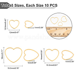 30個3スタイル304ステンレススチールリンクリング  ハート  ゴールドカラー  10.5~18x12~19.5x1mm  10個/スタイル&nbsp;STAS-UN0041-36