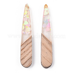 透明レジン＆ホワイトウッドペンダント  スパンコール付きティアドロップチャーム  透明  44x7.5x3.5mm  穴：1.5mm&nbsp;RESI-N039-30