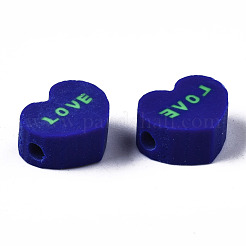 手作り樹脂粘土ビーズ  単語「love」付けのハート  ダークブルー  8~8.5x9~9.5x4.5mm  穴：1.8mm&nbsp;CLAY-N008-032A
