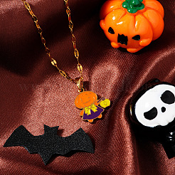 ハロウィン 304ステンレススチール エナメルペンダントネックレス  ユニセックスの金メッキダップチェーン付き  カボチャ  オレンジ  15.75インチ（40cm）&nbsp;HG2651