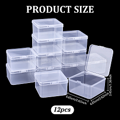 ヒンジ付き蓋付き正方形プラスチックビーズ収納容器12個  透明  6.35x6.65x3.45cm  内径：6x6のCM&nbsp;CON-GO0001-03