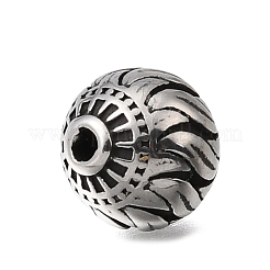 刻印入り304ステンレススチールビーズ  リーフ柄の丸  アンティークシルバー  9.5mm  穴：1.8mm&nbsp;STAS-H263-17AS-03