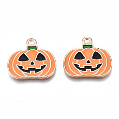 合金エナメルチャーム  ハロウィン  カドミウムフリー＆鉛フリー  カボチャ  ライトゴールド  ダークオレンジ  19.5x21x1.5mm  穴：1.8mm&nbsp;X-ENAM-Q442-013-RS