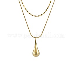 304ステンレススチール製ティアドロップ型ペンダントの二重構造ネックレス（女性用）  ゴールドカラー  15.75インチ（40cm）&nbsp;WG23FFF-01