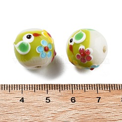 手作りランプワークビーズ  鳥と花で丸い  緑黄  16~16.5x15.5~16mm  穴：2.5~2.6mm&nbsp;LAMP-K042-06D