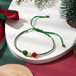 クリスマス 8mm ラウンド染め天然マレーシアジェイド & 天然カーネリアン & ガラスシードビーズ編みビーズブレスレット  調節可能な星型ブレスレット  グリーン  内径：1-1/2~3-1/4インチ（3.9~8.3cm）&nbsp;BJEW-MZ00070-01