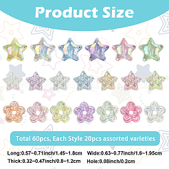 60 個 3 スタイル UV メッキ透明アクリルビーズ  虹色の  スター  ミックスカラー  14.5~18x16~19.5x8~12mm  穴：2mm  20個/スタイル&nbsp;MACR-YW0004-71