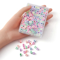 210個6色不透明ホワイトアクリルヨーロピアンビーズ  大穴ビーズ  ハートを持つキューブ  ホワイト  7x7x7mm  穴：4mm  35個/カラー&nbsp;MACR-YW0002-75A