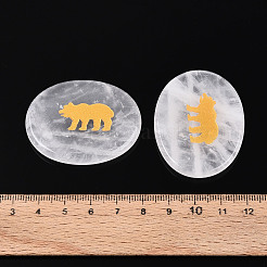 天然水晶カボション  金色のクマの模様が刻まれた楕円形  44~45.5x34~36x6~7.5mm&nbsp;G-T143-28O