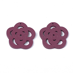 スプレー塗装木製ペンダント  花  暗赤色  30x30x2.5mm  穴：1.4mm&nbsp;WOOD-T017-06B