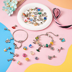 DIYヨーロピアンブレスレットネックレス作りキット  エンジェル & ハート樹脂 & ガラス ヨーロピアン & クレイ ラインストーン ビーズを含む  合金ビーズ & ダングル チャーム  真鍮のブレスレットとワックスコードのネックレス作り  アンティークシルバー＆プラチナ  73個/箱&nbsp;DIY-CD0001-46