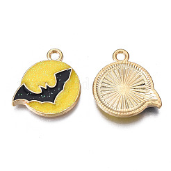 メッキ合金エナメルチャームラック  グリッターパウダー付き  ハロウィン  カドミウムフリー＆ニッケルフリー＆鉛フリー  バットでフラットラウンド  ライトゴールド  きいろ  18x16x2.5mm  穴：1.8mm&nbsp;PALLOY-N164-019