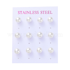プラスチック模造パールスタッドピアス  304ステンレススチールピンとイヤーナット付き  丸いボール  ステンレス鋼色  8mm  ピン：0.6mm  6のペア/カード&nbsp;LS-STAS-D0001-03-P