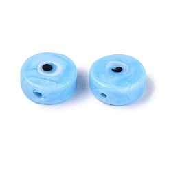 手作りのナザールボンジュウのランプワークビーズ  フラットラウンド  ライトスカイブルー  15~16x6~7.5mm  穴：1.4~1.8mm&nbsp;LAMP-N040-01C
