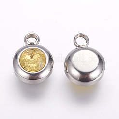 304ステンレススチールチャーム  フラットラウンド、ガラスラインストーン  ステンレス鋼色  ライトカーキ  14x10x6mm  穴：2.5mm&nbsp;STAS-G133-13C