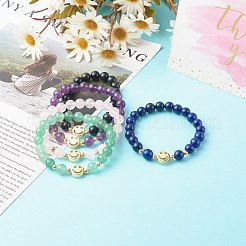 天然石ミックスストーンストレッチブレスレット  真鍮の笑顔のビーズで  ラウンド  内径：2-1/8インチ（5.5cm）&nbsp;BJEW-JB06568