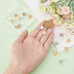 16色の真鍮スタッドピアス金具2個  水平ループとスターリングシルバーのピン925本付き  コイン形状  50個のプラスチック製イヤーナット付き  本物の金メッキと本物のプラチナメッキ  14.5x12mm  穴：1.6mm  ピン：0.8mm  8個/カラー&nbsp;KK-BC0010-36