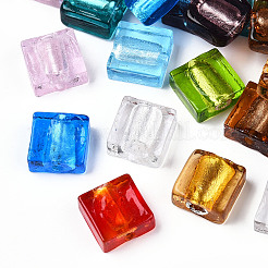 手作り銀箔ランプワークビーズ  正方形  ミックスカラー  12x12x6mm&nbsp;X-FOIL-S006-12x12mm-M