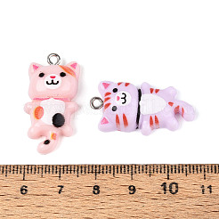 不透明樹脂ペンダント  猫の形  プラチナメッキ鉄ループ付き  ミックスカラー  30~31x15.5x7mm  穴：1.8~2mm&nbsp;RESI-T059-12