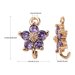 透明ガラスリンクコネクター  真鍮パーツ  多面カット  花  ライトゴールド  紫色のメディア  12.5x8x4mm  穴：1.4mm&nbsp;X-GLAA-T007-19B