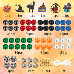 ハロウィンブレスレット作りキット  アクリル&合金&ガラス模造パールビーズを含む  合金エナメルチャーム  フクロウと猫と魔女とお化け屋敷/お城  ミックスカラー  195個/箱&nbsp;DIY-SC0021-91