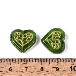 ガラスビーズ  ハート  ゴールドライン入り  グリーン  15.5x17x6mm  穴：1.2mm&nbsp;LAMP-N035-03G