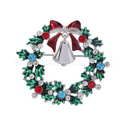 クリスマスリースとクリスマスベルのエナメルピン  バックパックの服のための合金ラインストーンブローチ  プラチナ  41x48mm&nbsp;WG06691-03