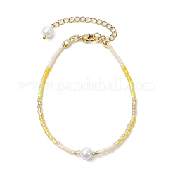 女性用ガラスシードビーズブレスレット  シェルパール＆真鍮ビーズ付き  きいろ  7-1/8インチ（18cm）&nbsp;BJEW-MZ00134-05