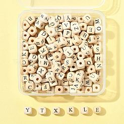 208個 26種類のプリント天然木ビーズ  水平穴  頭文字を持つキューブ  パパイヤホイップ  a～zの文字  10x10x10mm  穴：3.5mm  8個/スタイル&nbsp;WOOD-FS0001-51