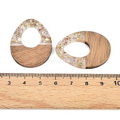 エポキシ樹脂とクルミ材のペンダント  スパンコール付き/スパンコール  ティアドロップ  ダークサーモン  37x28x3mm  穴：2mm&nbsp;RESI-T057-12E