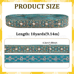 エスニック風ポリエステルリボン  刺繍入りの織りリボン  スパンコール  シアン  1-3/4インチ（43mm）&nbsp;OCOR-WH0003-084A