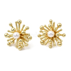 真鍮の花のスタッドピアス  absプラスチックパール  長持ちメッキ  ラックめっき  ゴールドカラー  23.5x24.5mm&nbsp;EJEW-H171-05G