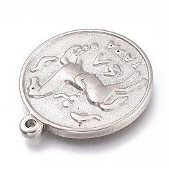 変色しない304ステンレススチールペンダント  馬とフラットラウンド  ステンレス鋼色  21x18x2mm  穴：1mm&nbsp;LS-STAS-Z017-03P