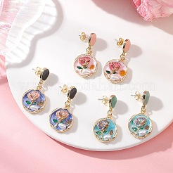 合金エナメルダングルスタッドピアス3組  プラスチックパール付き  花柄とフラットラウンド  ゴールドカラー  ミックスカラー  38.5x19.5mm&nbsp;EJEW-JE06680