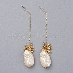 ダングルスタッドピアス  18KGP本金メッキ真鍮ビーズ  ABSプラスチックパール調ビーズ  真鍮製のスタッドピアスパーツとプラスチック製のピアスキャッチ  ナゲット  ホワイト  102mm  ピン：0.8mm&nbsp;EJEW-JE03738