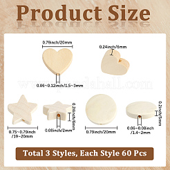 180 個 3 スタイルの木製ビーズ  スター＆フラット ラウンド＆ハート  ミックスカラー  19~20x19~20x5~6mm  穴：1.4~3mm  60個/スタイル&nbsp;WOOD-PA0001-63