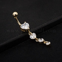 本物の 18 k ゴールド メッキ ピアス ジュエリー真鍮キュービックジルコニア ハートへそリングへそリングベリー リング  304ステンレススチールバー付き  7~8x52mm  バーの長さ: 3/8