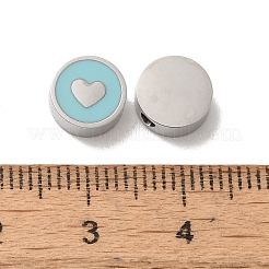 304ステンレススチールエナメルビーズ  ハート付きフラットラウンド  ステンレス鋼色  空色  8x3mm  穴：1.8mm&nbsp;STAS-L022-096P-02