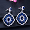Brass Micro Pave Cubic Zirconia Dangle Stud Earrings, Rhombus, Platinum, Blue, 36x23mm