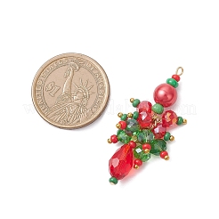 ガラスビーズのクリスマスツリーペンダント  304ステンレススチールループ付き  ゴールドカラー  グリーン  レッド  45.5x21x17.5mm  穴：1.8mm&nbsp;PALLOY-MZ01024