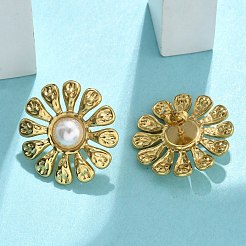 201ステンレススチールスタッドピアス  304ステンレス鋼のピンとABSプラスチックの模造真珠付き  PVD真空メッキ  長持ちメッキ  花  23.5x23.5mm&nbsp;EJEW-D354-08G-04