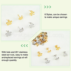 60個 6スタイル 304ステンレススチールスタッドピアス金具  水平ループと201ステンレススチールのイヤリングナット/ピアスバックキャッチ付き  花とクローバーとカエデの葉  ゴールデン·ステンレス鋼色  11~14x10~12mm  穴：1~1.4mm  ピン：0.8mm  10個/スタイル&nbsp;STAS-DC0010-20