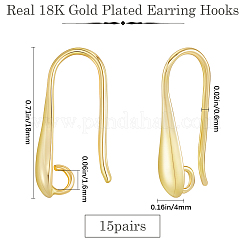 ラックメッキ真鍮ピアスフック15組  カドミウムフリー＆鉛フリー  長持ちメッキ  18KGP本金メッキ  18x4mm  穴：1.6mm  ピン：0.6mm&nbsp;KK-BBC0026-23