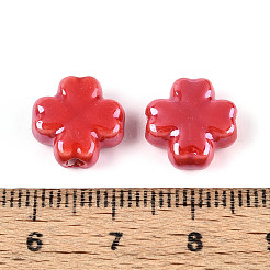 手作りの陶器ビーズ  4葉のクローバー  光沢釉の磁器  レッド  11.5~12x11.5~12x5.5~6mm  穴：1.8~2mm&nbsp;PORC-Z001-01J-01