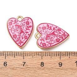 プリント合金ペンダント  キューピッドと花柄のチャームが付いたハート  ラックめっき  カドミウムフリー＆鉛フリー  ショッキングピンク  ゴールドカラー  19.5x15.5x4mm  穴：1.8mm&nbsp;AL-CBA7256-19G