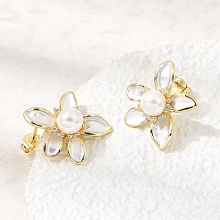 真鍮マイクロパヴェジルコニアエナメルスタッドピアス  花  absプラスチックパール  カドミウムフリー＆鉛フリー  ラックめっき  長持ちメッキ  ゴールドカラー  20.5x18mm&nbsp;CU-CBABA66-12C-G