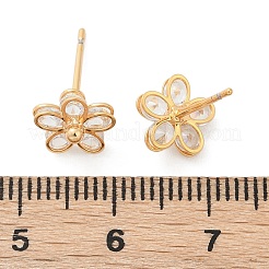 真鍮のイヤリングスタッド  キュービックジルコニア付き  花  18KGP本金メッキ  9x9mm  ピン：0.8mm&nbsp;X-KK-S348-421