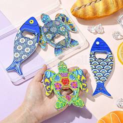 4個 4スタイル メラミンボトルオープナー 冷蔵庫マグネット  マグネチック  魚と亀  ミックスカラー  109~138x52~90.5x7mm  穴：5mm  1個/スタイル&nbsp;AJEW-CJ0001-54